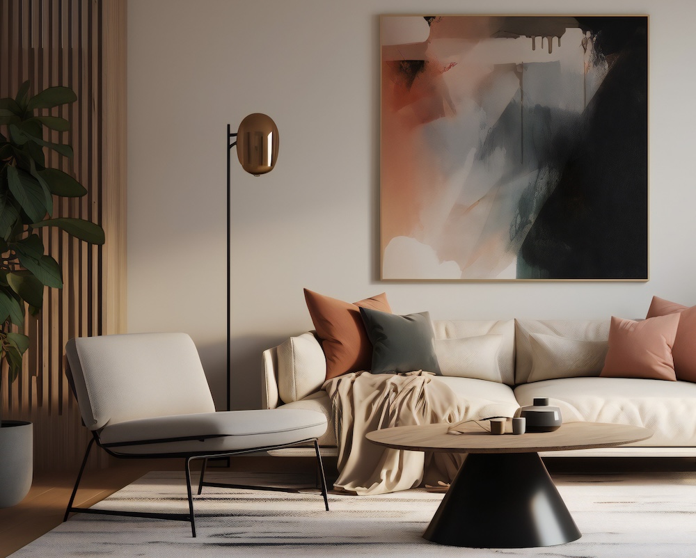 Stylish Living Room Interior with Mockup Frame Poster, Modern interior design, 3D render, 3D illustration